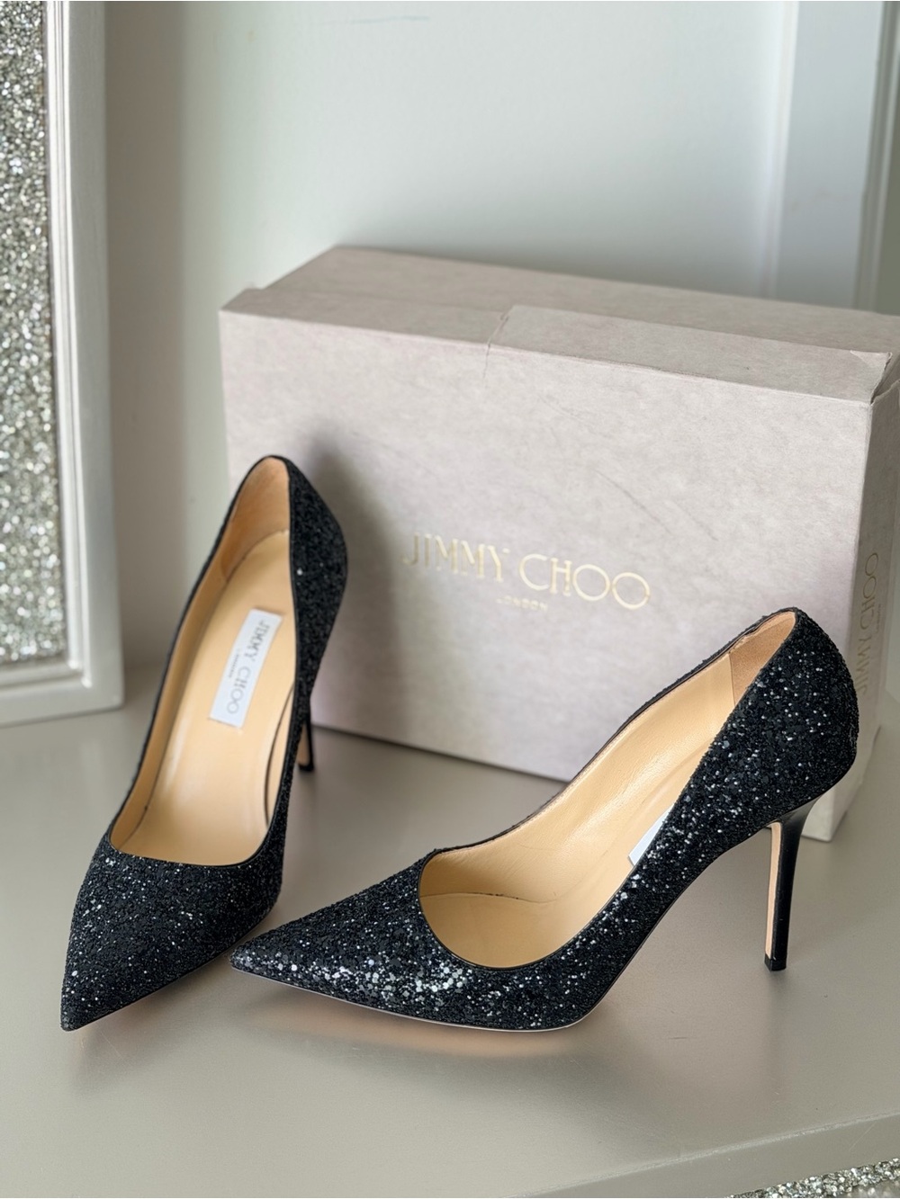Jimmy Choo Black Glitter Pointed Pumps